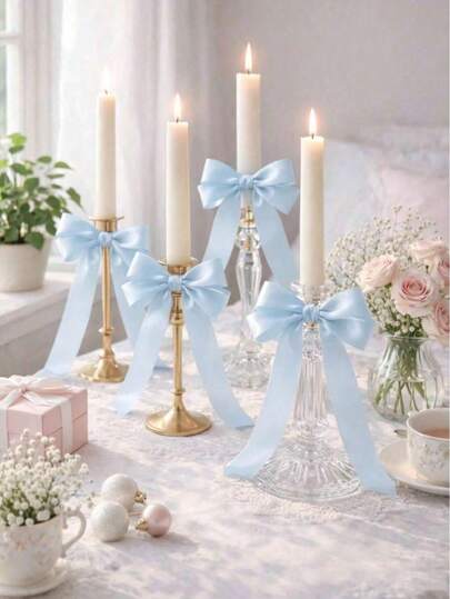 1/4/12PCS Blue Ribbon Bow, Romantic Bow Candle Holder Decor, Elegant Bow Candle Centerpiece, Vintage Soft Pink Ambiance Tabletop Decor, Suitable For Wedding Decoration, Party Banquet Table Setting, Living Room Bedroom Desk, Farmhouse Candle Decor, Elegant Dining Table Candle Accent, Event Tablescape Bow Decoration