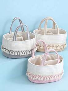 1 pièce Panier de rangement multifonction grande capacité, bac de rangement pour la maison pour les couches, les jouets, les articles de première nécessité, panier divisé portable tressé avec glands - Multicolore - Voir 6