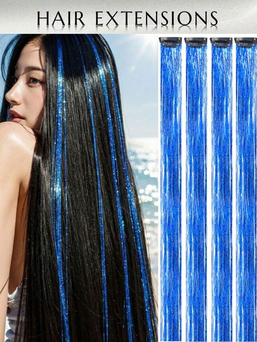 Ss 風格女款度假穿搭髮夾,情人節髮接片,夏季穿搭髮飾,24 吋亮片髮接夾套組,耐熱閃粉仙女髮飾,適合女性 - 藍色 - 查看 1
