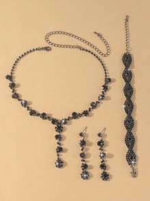 Set elegant de 4 bijuterii la modă, include colier cu pandantiv, cercei și brățară decorate cu pietre strălucitoare, potrivit pentru nunți, petreceri și cadouri de sărbători - Negru - Vizualizare 4