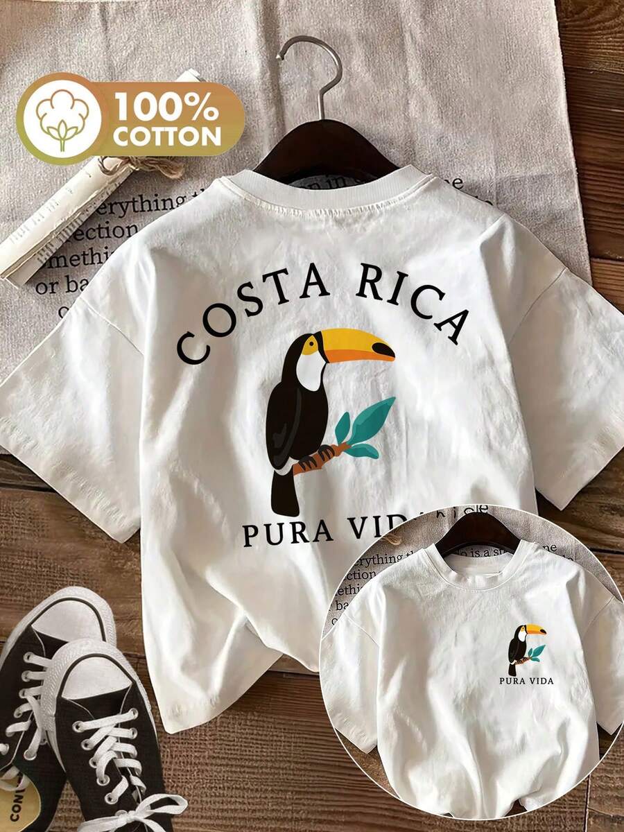 100% Cotton Double-Sided Print Women's T-Shirt, Cartoon Toucan With Leaves  Rica Print, Casual Round Neck Short Sleeve Summer Top Women Tops - 白色 - 查看 1