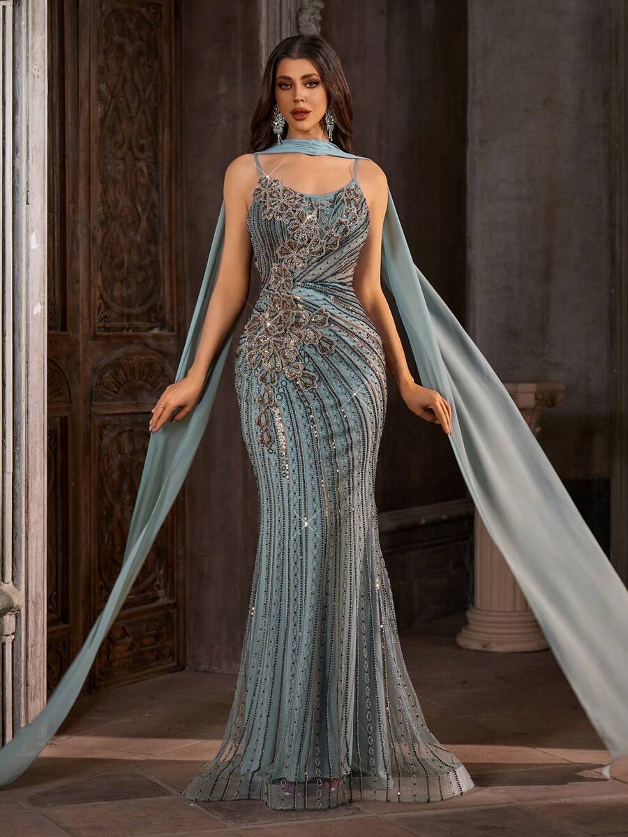 Captivant robe de soirée sirène asymétrique à fleurs et perles - Robe de soirée maxi scintillante avec châle dramatique de longueur plancher, robe de soirée formelle de luxe bleu ardoise pour mariage et fête - Bleu ciel - Voir 1