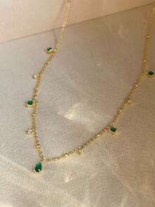 1pc Sparkling Green Zirconia Stone Necklace, Fashionable & Luxurious Unique Niche Design Delicate Clavicle Chain, Versatile For Daily Wear, Party And Gathering   Shop Thoughtful Gifts For Mom This Mother - Vàng - Xem 7