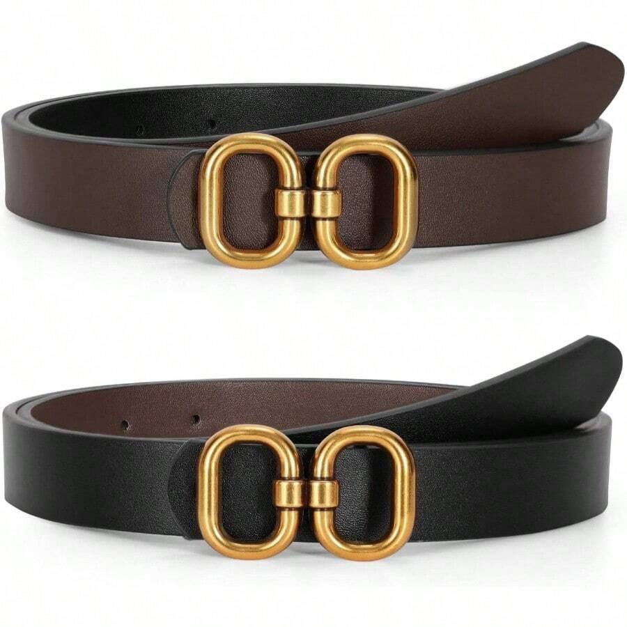 Reversible Leather Belt Women With Gold Ladies Leather Belt Jeans Pants - 適合腰圍 32-36 吋 + 黑色/咖啡色 - 查看 1