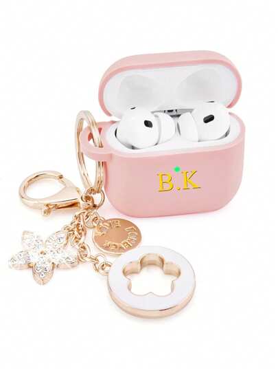 Customized Letter Name (2-Piece Set, Including Lucky Star Pendant) Matte Bluetooth Earphone Protective Case, Luxury Rhinestone Clover Bag Charm, Korean Stylish Portable Earphone Case Set, Compatible With AirPods 1 2 3 4 Pro 2 Pro 3 4, Personalized Gift For Valentine's Day, Birthday, Holiday, Men & Women