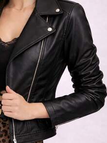 Women's White Leather Jacket With Long Sleeves, Stylish Blazer Coat For Cold Winter, Black Jacket For June Festivals. - 黑色的 - 查看 5