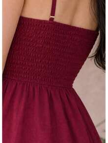 Long Dress In Viscose Linen, Plain, With Thin Straps, Buttons Down The Front, Padded Cups And Lining. Elasticated Back. - Burgundy - View 3