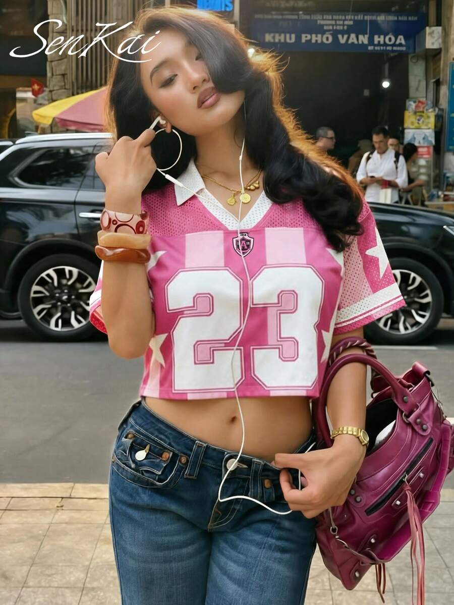 Spring/Summer Women's Tops, Highest Rated Women's Top, Petite Pink Oversized Number 23 T-Shirt Casual