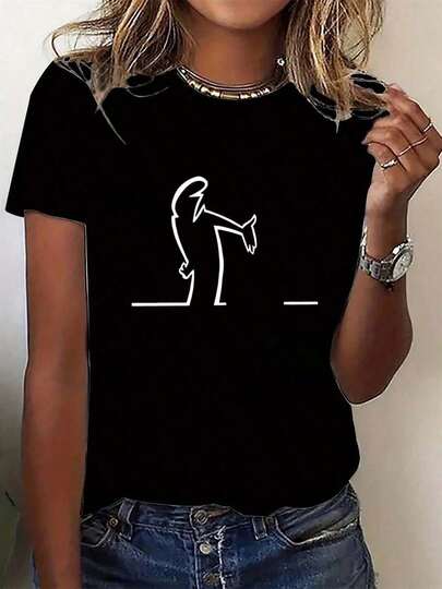 Women's Casual Pattern T-Shirt -  And White Color Block Breakdance Print, Loose Round Neck Design, Medium Stretch,, Suitable For Daily Wear And Exercise, Fun Street Style, Medium Elasticity100Cotton