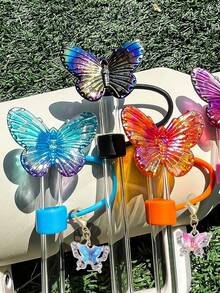 10mm/0.4in Silicone Straw Toppers Cup Accessories, Compatible With Stanley ,30/40 Oz Tumbler With Handle, Butterfly Design Straw Lids, Colorful Glitter Butterfly Straw Topper And Butterfly Pendant, Dreamlike Laser Butterfly Straw Lid, Dust-Proof Beverage Straw Cover And Cute Butterfly Decoration, Gifts For Birthday, Valentine's Day, Family Gathering, Mother's Day Gift - Multicolor - View 12