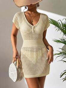 Vestido de punto de manga corta tipo murciélago, sencillo, de color liso, estilo veraniego y sexy para mujer: una prenda imprescindible para la playa. - Albaricoque - Ver 3