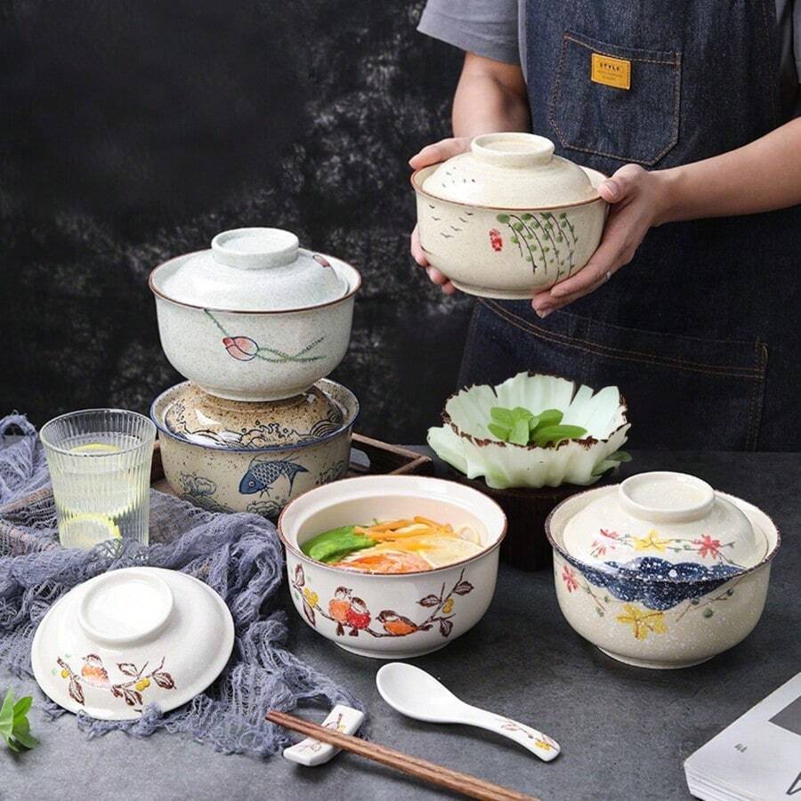1 pièce Ensemble de bols en céramique de 6,5/8,5 pouces avec couvercle, bol à ramen/riz/pâtes/soupe de style japonais, micro-ondes et lave-vaisselle, convient pour la maison, le restaurant, les fêtes, excellent cadeau pour la fête des pères, la fête des mères, Pâques - Voir 1