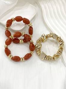 3pcs/Set Fashion Vintage Bohemian Thick Multi-Layer Multi-Color Acrylic Beaded Bracelet Gold Crushed Stone Style Bracelet For Women - Multicolor - View 5