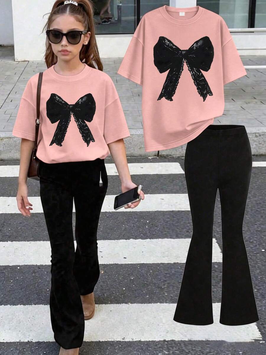 2pcs Set Suitable For Tween Girls: 1 Crew Neck Bow Print T-Shirt Paired With Flare Casual Pants. Very Suitable For Spring & Summer, Can Be Worn For Shopping, Parties, Sports, Travel And School. An Excellent Gift For Tween Girls. - Multicolor - View 1
