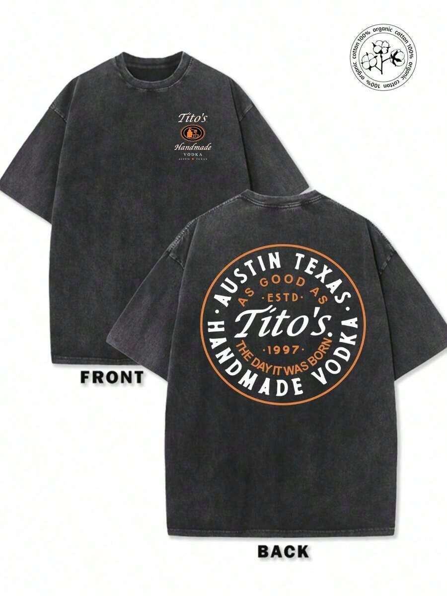 Camiseta lavada y usada de 230g, con el logo de Tito's Handmade Vodka en la parte delantera, y texto circular con la frase "AUSTIN TEXAS Tito's HANDMADE Vodka" y el logo de la marca en la parte trasera, temática de Tito's Vodka. - Negro - Ver 1