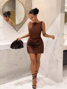 2025 New V-Neck Sleeveless Ruched Waist Open Back Pearl Chain Decor A-Line Mini Dress, Elastic Satin, Brown, Suitable For Birthday Party, Valentine's Day, Halloween, Christmas, Wedding Pearl Back Dress Womens Dress Bodycon Dress White Dress Backless Dress - màu nâu - Xem 4