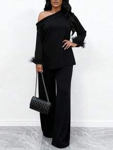 1pc Women Plus Size Elegant Solid Color Asymmetric/Asymmetrical Ruffle/Flounce Hem Outfit, Suitable For Evening Date, Casual, Vacation In Autumn Black Spring - Black - View 2