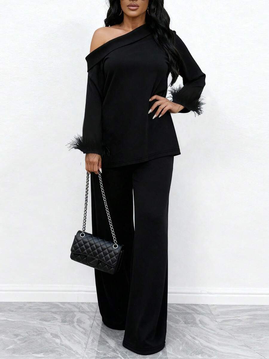 1pc Women Plus Size Elegant Solid Color Asymmetric/Asymmetrical Ruffle/Flounce Hem Outfit, Suitable For Evening Date, Casual, Vacation In Autumn Black Spring
