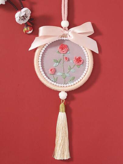 1 Set Floral Pattern Embroidery Hanging Cord Kit For Beginners, Includes 1 Embroidery Cloth, 1 Embroidery Hoop, 2 Embroidery Needles, 1 Set Colored Threads, 1 English Instruction, 1 Beaded Hanging Accessory, Suitable For Decoration, Car Hanging