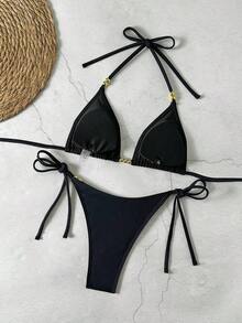 Black Basic Halter Tie-Up Gold Bead Decor Bikini Set, New Summer Swimwear Vacation Beach VCTW - 黑色 - 查看 6