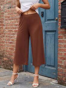 Women's Fold Over Waist Capri Fashionable Casual Solid Color Low Rise Wide Leg Crop Pants - Dark Brown - View 2
