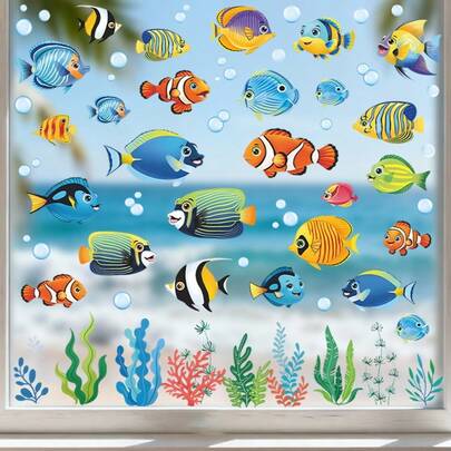 4 miếng dán trang trí cửa sổ hình động vật biển mùa hè, với họa tiết động vật biển đầy màu sắc, dùng để trang trí phòng khách, văn phòng, phòng ngủ, chủ đề đại dương, dễ dán, có thể tháo rời, sử dụng một lần, trang trí DIY.