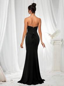 VIPGIRL Latest Strapless Ruched Criss-Cross Back Slit Maxi Elegant Luxury Evening Gown - Black - View 2