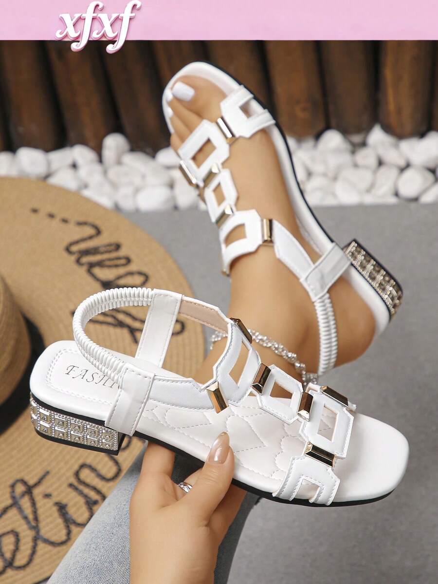 1 Pair Fashionable & Comfortable Women's High Heel Sandals With Rhinestone Decor, Suitable For Casual Daytime, Evening Parties, Dates, An Essential Item For Ladies - White - View 1