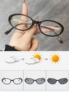 1pc Full Frame TR Frame Metal Legs Oval Small Frame Retro High-End Decorative Indoor Computer Reading Outdoor Photochromic Fashion Glasses For Summer Beach Vacation,Outdoor,Travel - Transparent to Black - View 5