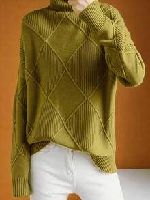 Suéter de cuello alto casual de talla grande para mujer, otoño/invierno - Verde Oliva - Ver 5