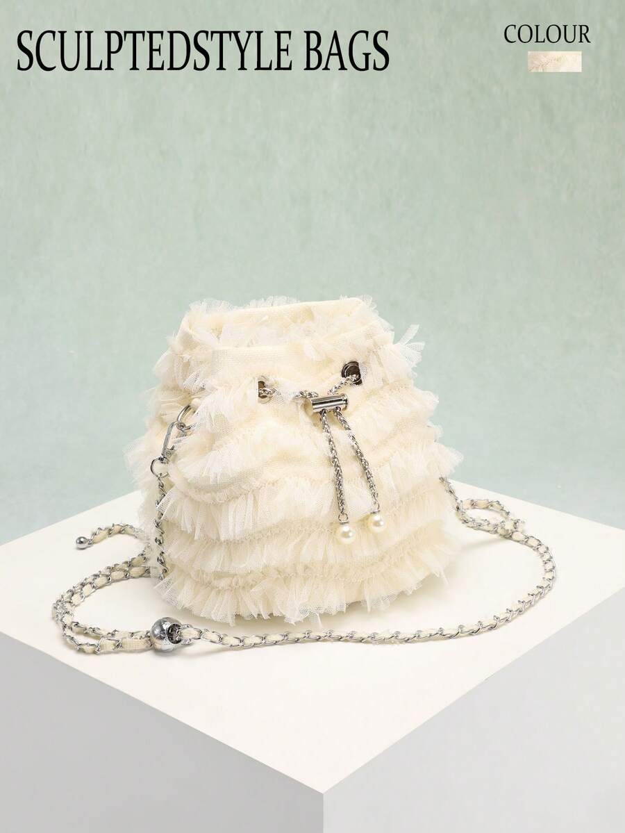 SCULPTEDSTYLE BAGS 1pc Summer Fresh Mesh Tassel Ruffle Bucket Bag, Fashion Chain Pearl Drawstring Shoulder Crossbody Bag, Gentle Sweet Style Suitable For Wedding Season Bridesmaid, Shopping, Date, Afternoon Tea - Beige - View 1