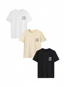 3件套夏季新款简约字母组合休闲圆领短袖T恤，时尚百搭女式上衣 - 白色和杏色和黑色 - 查看 3