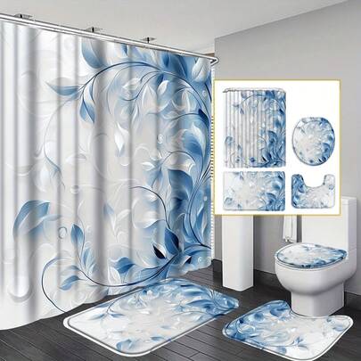 Bộ 4 món gồm rèm tắm họa tiết lá cây, màu xám xanh/trắng, kèm 12 móc treo, thảm chống trượt, thảm chữ U và bọc bồn cầu, đồ trang trí và phụ kiện phòng tắm hiện đại, quà tặng trang trí nhà cửa thiết thực, vật dụng gia đình thiết yếu. Có nhiều kiểu dáng khác nhau tại cửa hàng.