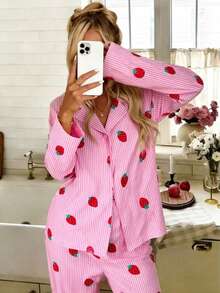 Nina Bonheur Bộ đồ ngủ nữ 2 món gồm áo dài tay và quần dài, rộng rãi, thoải mái và thoáng khí. - Màu Hồng Tươi - Xem 1