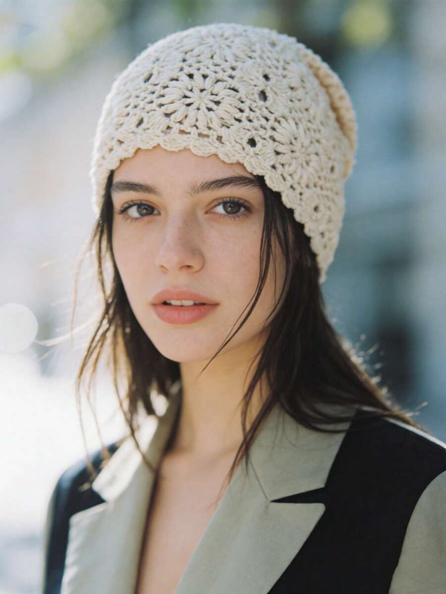 1 chiếc mũ len móc thủ công hình hoa rỗng, thanh lịch, thoáng khí, nhẹ dành cho nữ, thích hợp cho mùa xuân/hè. - A - Xem 1