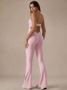 YZMJAFU Women's Flare Jumpsuit, Butt-Lifting Sports Jumpsuit, V-Neck Backless Wide Leg Jumpsuit, Spring/Summer Women's Clothing - Pink - View 3