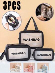 Large Capacity PU Leather Cosmetic Bag, Portable Waterproof Travel Toiletry Bag, Transparent Frosted Makeup Pouch - Black - View 2