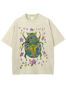 100% Cotton T-Shirt- Colorful Beetle Party Printed T-Shirt, Perfect For Everyday Wear, An Essential For Easy Summer Outfits, Comfortable Short-Sleeve Outdoor Holiday, Gifts For Father'S Day, Mother'S Day - Summer Tops - 2026 New Summer Outfits For Women - Vacation Outfits Women - Unisex Washable T-Shirt - Apricot T-Shirt - 杏色 - 查看 1