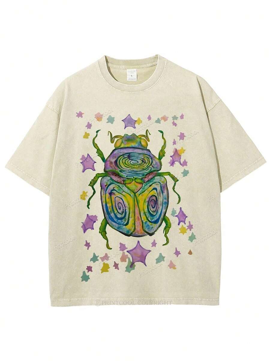 100% Cotton T-Shirt- Colorful Beetle Party Printed T-Shirt, Perfect For Everyday Wear, An Essential For Easy Summer Outfits, Comfortable Short-Sleeve Outdoor Holiday, Gifts For Father'S Day, Mother'S Day - Summer Tops - 2026 New Summer Outfits For Women - Vacation Outfits Women - Unisex Washable T-Shirt - Apricot T-Shirt - 杏色 - 查看 1