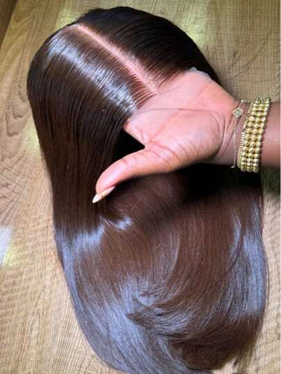 VIOLLY 5"X5" Pre-Cut Lace Closure Remy Human Hair Blend, Paired With 13"X4" Large HD Transparent Lace Frontal Brazilian Virgin Hair Wig, 180% Density, Chocolate Brown Straight - Pre-Plucked Hairline And Baby Hair - No Glue Needed, Instant Wear, For Women