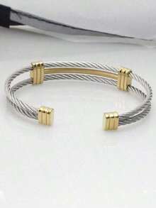 1 Pc Fashionable Stainless Steel Two-Tone Adjustable Double Layer Cuff Bracelet, Suitable Men And Women, Daily Wear,, Valentine's Day Jewelry,Mom,Mother,Mother's Day, - 多色的 - 查看 4