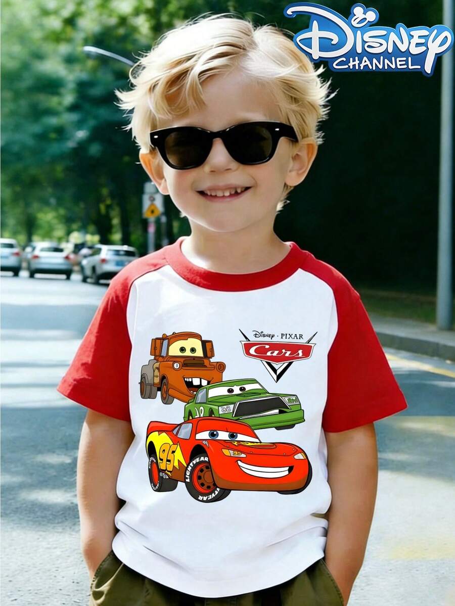 Disney Children's Color-Block White And Red Top, Summer Casual Multi-Functional 'Cars' Lightning McQueen Emblem T-Shirt, Breathable, Suitable For Boys And Girls - Trắng và đỏ - Xem 1