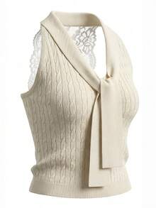 Y2K蝴蝶结细节无袖修身针织露脐上衣，女士街头风夏季穿搭 - 杏色 - 查看 7