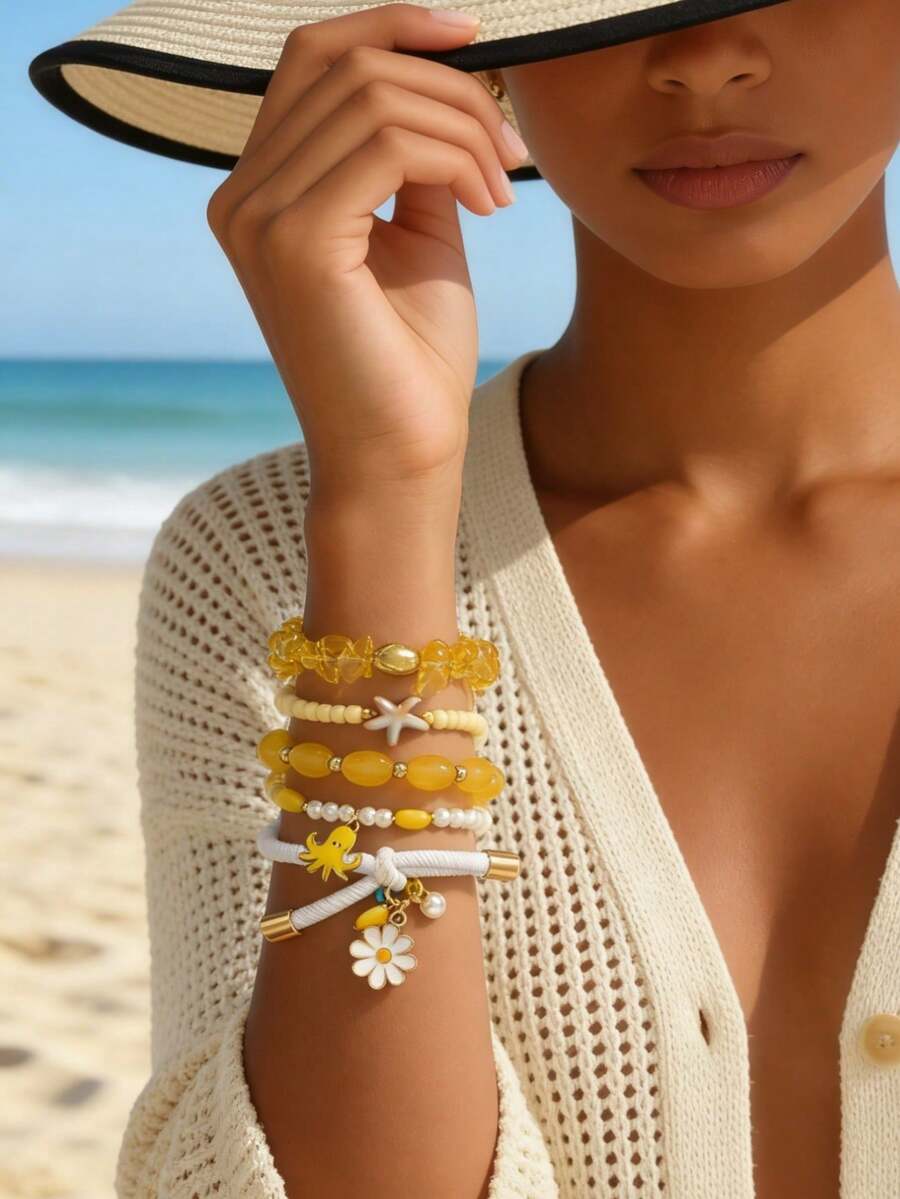 5pcs Bohemian Versatile Yellow Oil Drop Octopus & Daisy Pendant Beaded Braided Bracelet Set, Suitable For Women's Daily Wear And Summer Travel - Yellow - View 1
