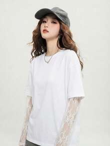 Áo thun dài tay màu trắng thời trang, thanh lịch, phối ren tương phản, mẫu mới về mùa Xuân/Thu 2026, áo thun sang trọng đa năng dành cho nữ, thích hợp mặc thường ngày vào mùa hè. - 2A10 Trắng - Xem 5