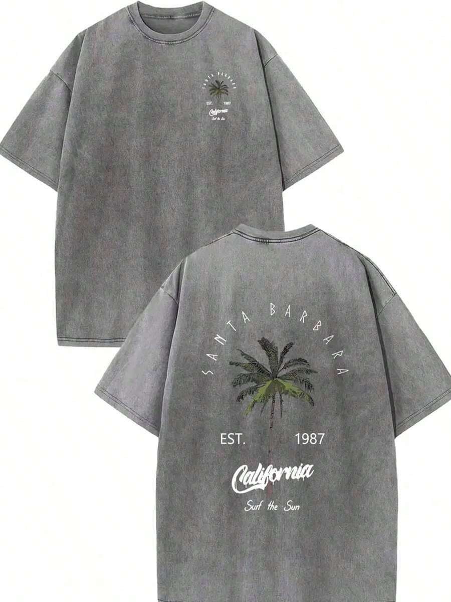 Men's Washed Graphic Print T-Shirts - "Santa Barbara California" Palm Tree Design, Groove Clothing, 100% Pure Cotton Double-Sided Print T-Shirt, Suitable For Men And Women, Best Summer Gift, Casual Short Sleeve T-Shirt - Streetwear Y2K, 100% Cotton Tops, Gifts For Boyfriend And Husband. - 灰色 - 查看 1