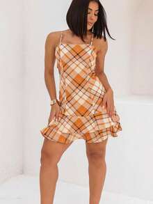 Vestido Xadrez Feminino Curto com Bojo Alcinha Rodado Babado Festa Junina São João Look Julina Moda Feminina  Boho  Casual    Costas nuas / sem costas    Férias - Laranja - Visão 2