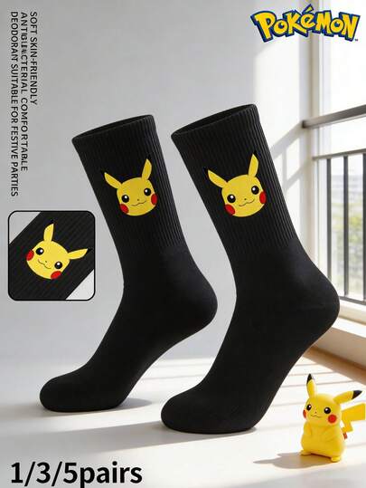 pokemon 1/3/5 أزواج جوارب كرتونية كيوت بطبعات بوكيمون، متوسطة الطول، قابلة للتنفس وناعمة، مقواة في الكعب والأصابع للمتانة، مناسبة للجنسين لجميع المواسم