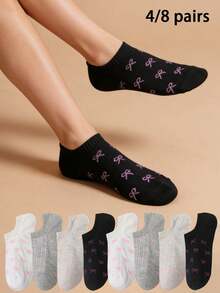 4 Pairs/8 Pairs Women's Summer Thin Socks With Bow, Ankle Socks, Fashion & Versatile - Multicolor - View 2