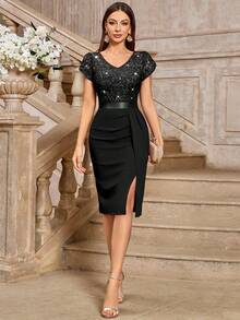MIUSOL Elegantes Paillettenspitze Puffärmel gerafftes Cocktailkleid mit hohem Schlitz, geeignet für Frauen zum Tragen bei Hochzeiten, Abschlussfeiern, Partys und anderen halbformellen Anlässen Frühlingsparty Schwarz - Schwarz - Übersicht 7